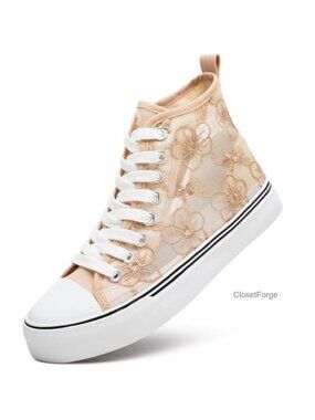 Women's High Top Canvas Sneakers Lace-Up Embroidery Floral Casual Shoes